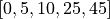 [0, 5, 10, 25, 45]